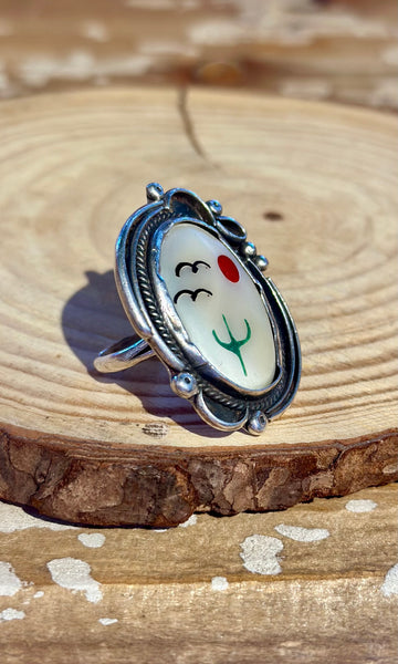 VINTAGE ZUNI Desert Landscape Silver Inlay Cactus Ring 26R29 • Size 5 1/4