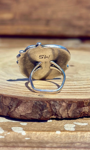 VINTAGE ZUNI Desert Landscape Silver Inlay Cactus Ring 26R29 • Size 5 1/4