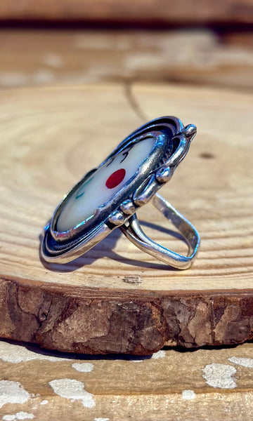 VINTAGE ZUNI Desert Landscape Silver Inlay Cactus Ring 26R29 • Size 5 1/4