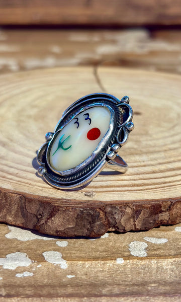 VINTAGE ZUNI Desert Landscape Silver Inlay Cactus Ring 26R29 • Size 5 1/4