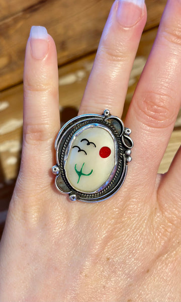 VINTAGE ZUNI Desert Landscape Silver Inlay Cactus Ring 26R29 • Size 5 1/4