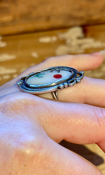 VINTAGE ZUNI Desert Landscape Silver Inlay Cactus Ring 26R29 • Size 5 1/4