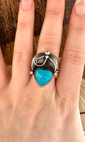 BLUE CORAZON J. Piaso Jr Sterling Silver Turquoise Heart Ring • Sizes 8, 9 1/4