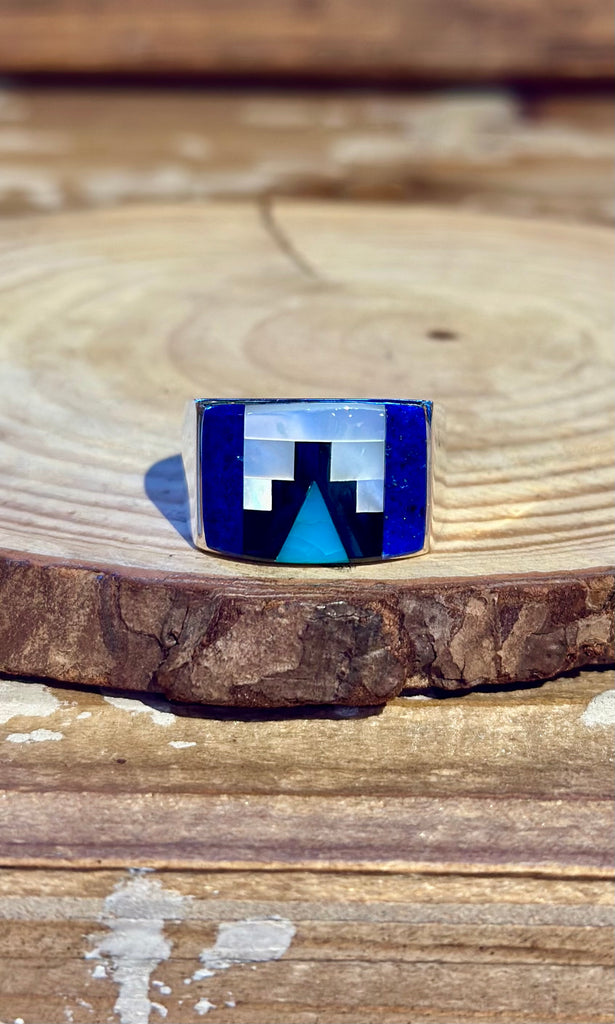 RANDY JAMES HOZHO Navajo Multi-Stone Inlay Silver Men's Ring 26R34 • Size 11