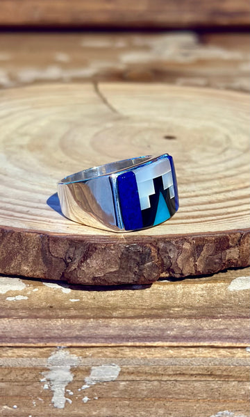 RANDY JAMES HOZHO Navajo Multi-Stone Inlay Silver Men's Ring 26R34 • Size 11