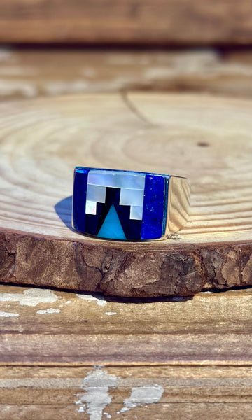 RANDY JAMES HOZHO Navajo Multi-Stone Inlay Silver Men's Ring 26R34 • Size 11