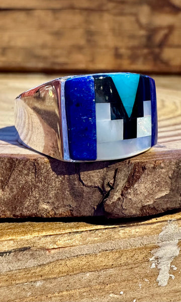 RANDY JAMES HOZHO Navajo Multi-Stone Inlay Silver Men's Ring 26R34 • Size 11
