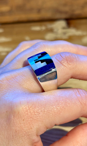 RANDY JAMES HOZHO Navajo Multi-Stone Inlay Silver Men's Ring 26R34 • Size 11