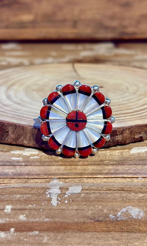 ZUNI SUN FACE Silver Jet Coral & Mother of Pearl Inlay Ring • Size 7 1/4