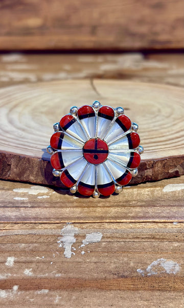 ZUNI SUN FACE Silver Jet Coral & Mother of Pearl Inlay Ring • Size 7 1/4