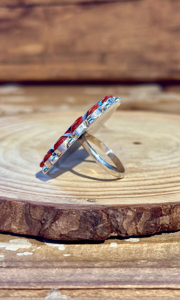 ZUNI SUN FACE Silver Jet Coral & Mother of Pearl Inlay Ring • Size 7 1/4