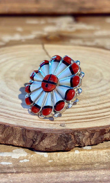 ZUNI SUN FACE Silver Jet Coral & Mother of Pearl Inlay Ring • Size 7 1/4