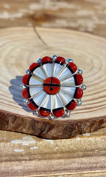 ZUNI SUN FACE Silver Jet Coral & Mother of Pearl Inlay Ring • Size 7 1/4