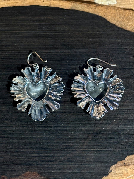 SACRED HEARTS Mexican Folk Sterling Silver Statement Dangle Earrings 26E08