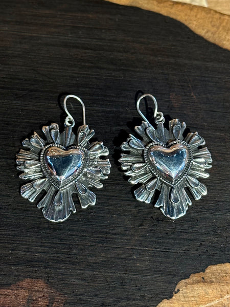 SACRED HEARTS Mexican Folk Sterling Silver Statement Dangle Earrings 26E08