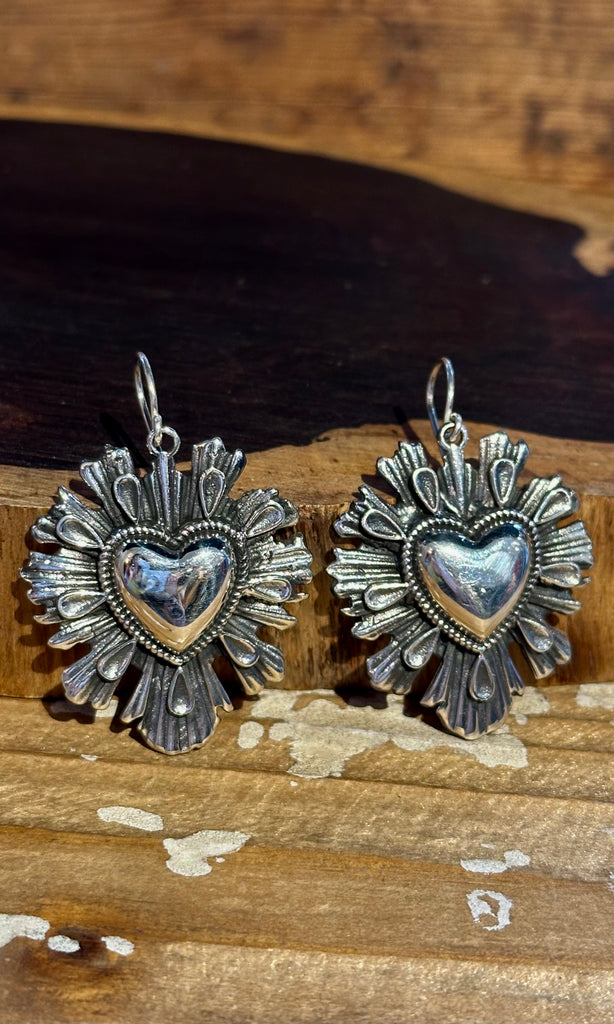 SACRED HEARTS Mexican Folk Sterling Silver Statement Dangle Earrings 26E08