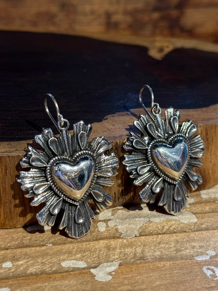 SACRED HEARTS Mexican Folk Sterling Silver Statement Dangle Earrings 26E08