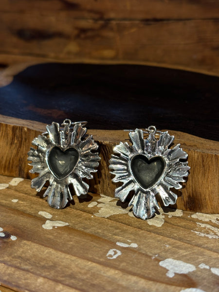 SACRED HEARTS Mexican Folk Sterling Silver Statement Dangle Earrings 26E08