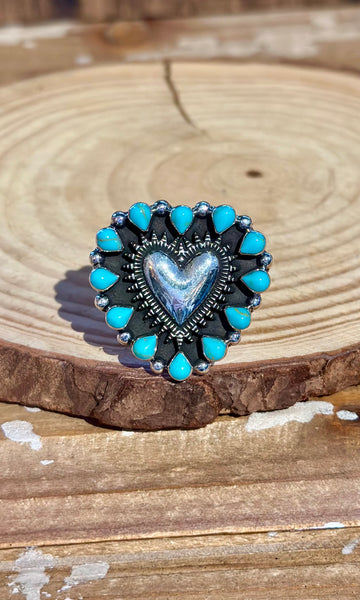 MEXICAN ADJUSTABLE HEART Turquoise & Silver Ring 26R37 • Adj. Sizing