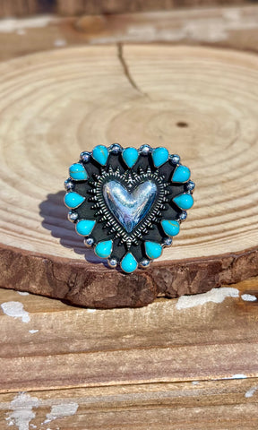 MEXICAN ADJUSTABLE HEART Turquoise & Silver Ring 26R37 • Adj. Sizing