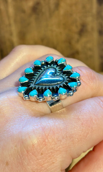 MEXICAN ADJUSTABLE HEART Turquoise & Silver Ring 26R37 • Adj. Sizing