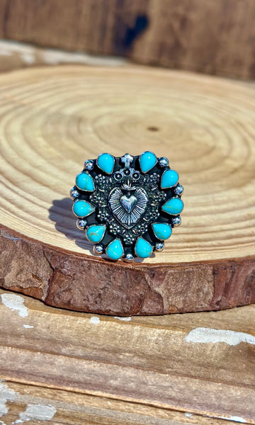 MEXICAN SACRED HEART Turquoise & Silver Adjustable Ring 26R36 • Adj. Sizing