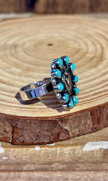 MEXICAN SACRED HEART Turquoise & Silver Adjustable Ring 26R36 • Adj. Sizing