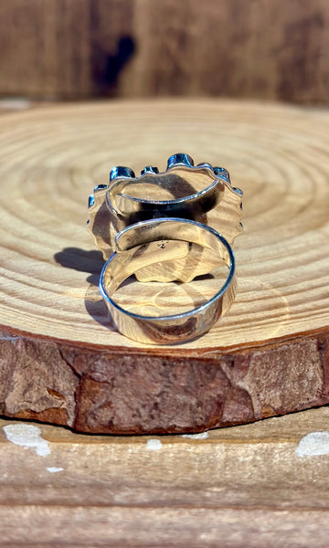 MEXICAN SACRED HEART Turquoise & Silver Adjustable Ring 26R36 • Adj. Sizing