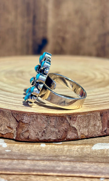 MEXICAN SACRED HEART Turquoise & Silver Adjustable Ring 26R36 • Adj. Sizing