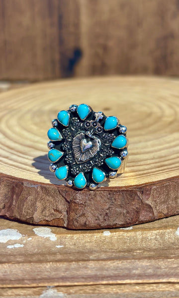 MEXICAN SACRED HEART Turquoise & Silver Adjustable Ring 26R36 • Adj. Sizing