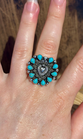 MEXICAN SACRED HEART Turquoise & Silver Adjustable Ring 26R36 • Adj. Sizing