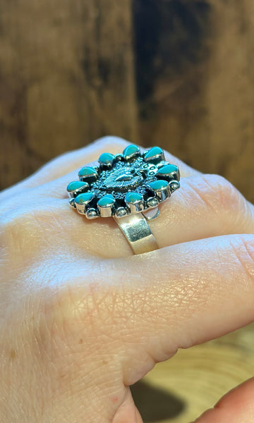 MEXICAN SACRED HEART Turquoise & Silver Adjustable Ring 26R36 • Adj. Sizing