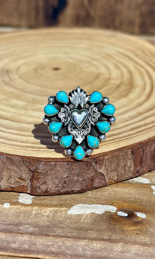 MEXICAN SACRED HEART Turquoise & Silver Adjustable Ring 26R37 • Adj. Sizing