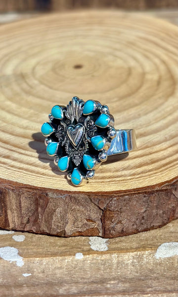 MEXICAN SACRED HEART Turquoise & Silver Adjustable Ring 26R37 • Adj. Sizing