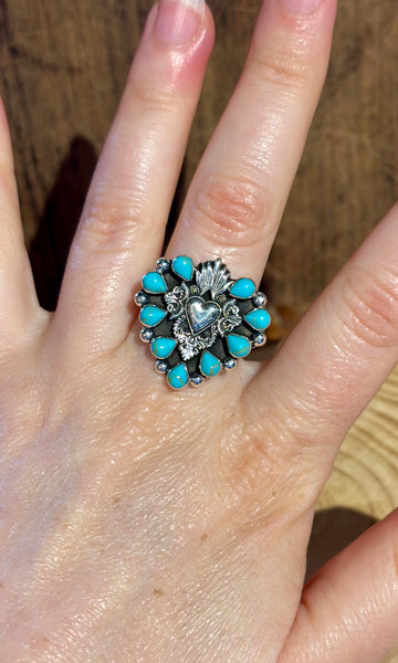 MEXICAN SACRED HEART Turquoise & Silver Adjustable Ring 26R37 • Adj. Sizing