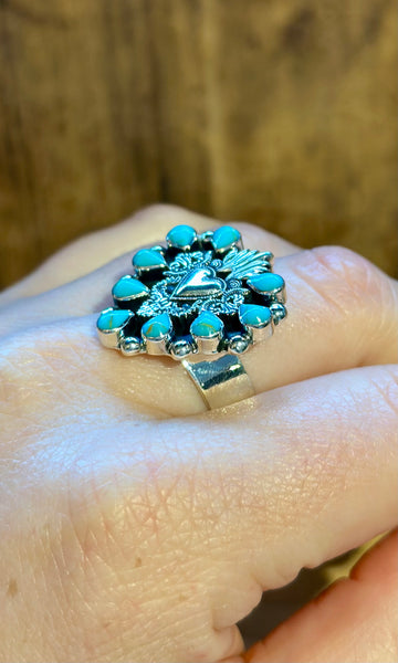 MEXICAN SACRED HEART Turquoise & Silver Adjustable Ring 26R37 • Adj. Sizing