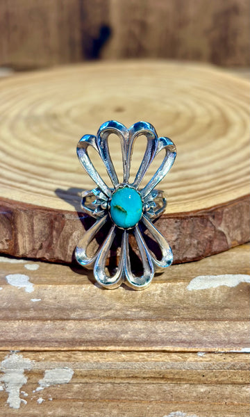 VINTAGE 90's SANDCAST FLOWER Silver & Turquoise Ring • Size 8