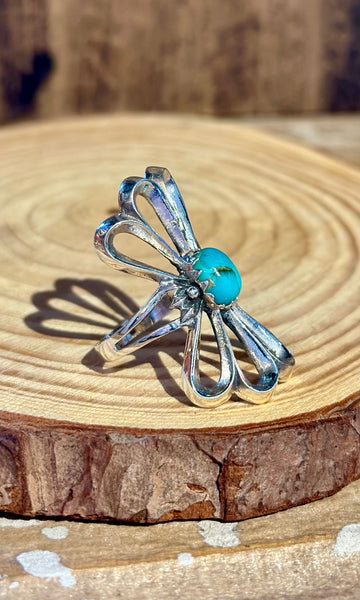 VINTAGE 90's SANDCAST FLOWER Silver & Turquoise Ring • Size 8