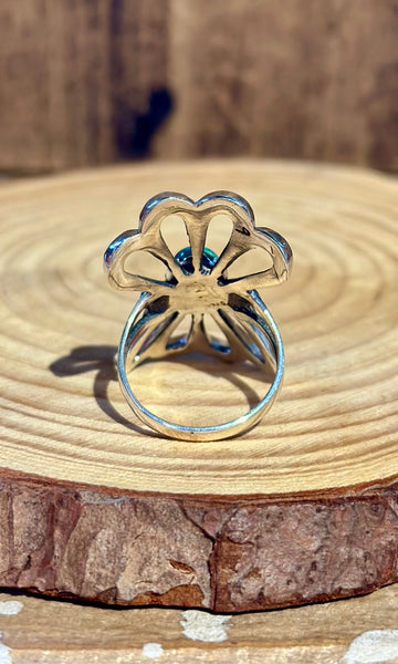 VINTAGE 90's SANDCAST FLOWER Silver & Turquoise Ring • Size 8