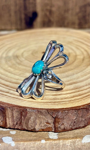 VINTAGE 90's SANDCAST FLOWER Silver & Turquoise Ring • Size 8