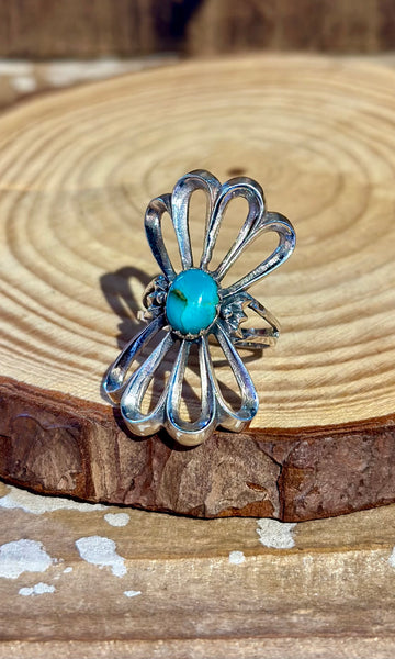 VINTAGE 90's SANDCAST FLOWER Silver & Turquoise Ring • Size 8
