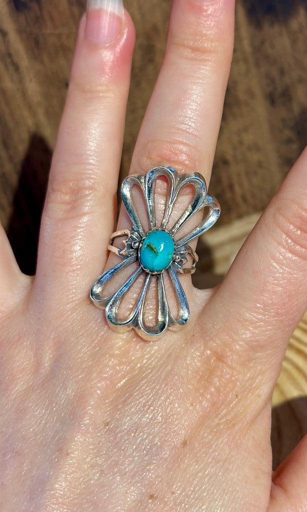 VINTAGE 90's SANDCAST FLOWER Silver & Turquoise Ring • Size 8
