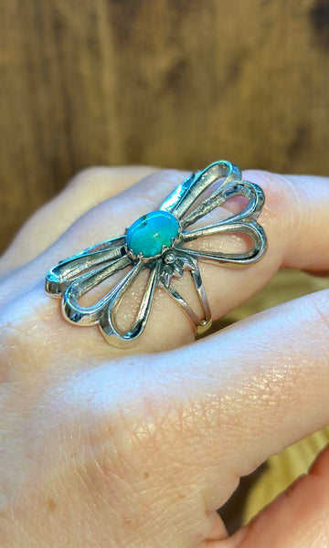 VINTAGE 90's SANDCAST FLOWER Silver & Turquoise Ring • Size 8