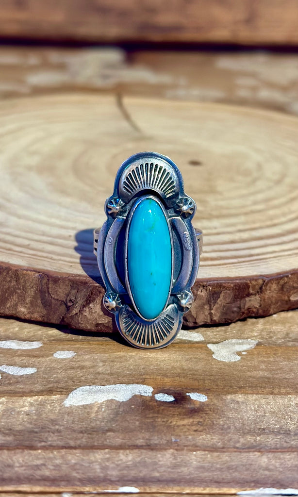NAVAJO SUNRAYS Turquoise & Sterling Silver Ring 26R39 • Size 8
