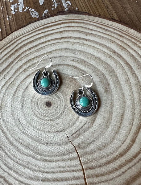 LUCKY HORSESHOE Running Bear RB Silver and Turquoise Navajo Earrings