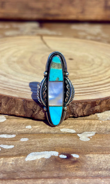 VINTAGE NAVAJO 70s Turquoise, Mother of Pearl & Silver Inlay Ring 26R49 • Size 6 1/4