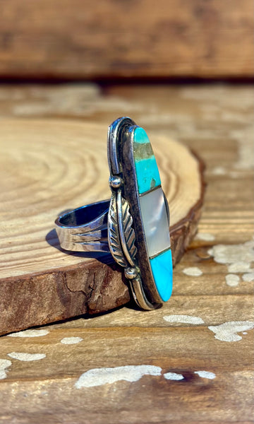 VINTAGE NAVAJO 70s Turquoise, Mother of Pearl & Silver Inlay Ring 26R49 • Size 6 1/4