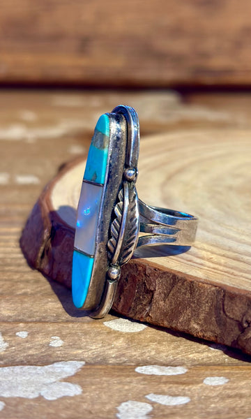 VINTAGE NAVAJO 70s Turquoise, Mother of Pearl & Silver Inlay Ring 26R49 • Size 6 1/4