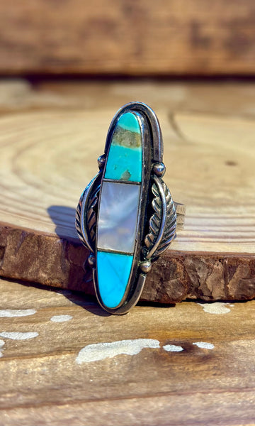 VINTAGE NAVAJO 70s Turquoise, Mother of Pearl & Silver Inlay Ring 26R49 • Size 6 1/4