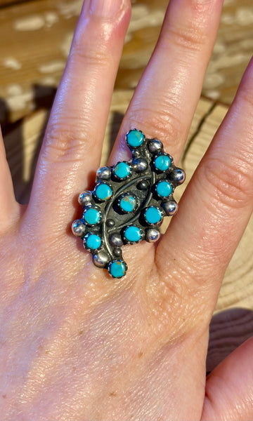 VINTAGE ZUNI Snake Eyes Turquoise & Silver 60s/70s Ring 26R43 • Size 8.5